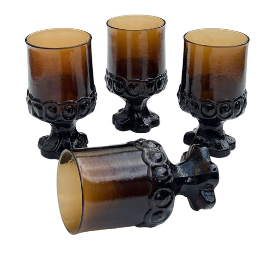 Franciscan-Madeira-Smoke-Brown-Water-Goblets-by-Tiffin.-One-goblet-laying-down.