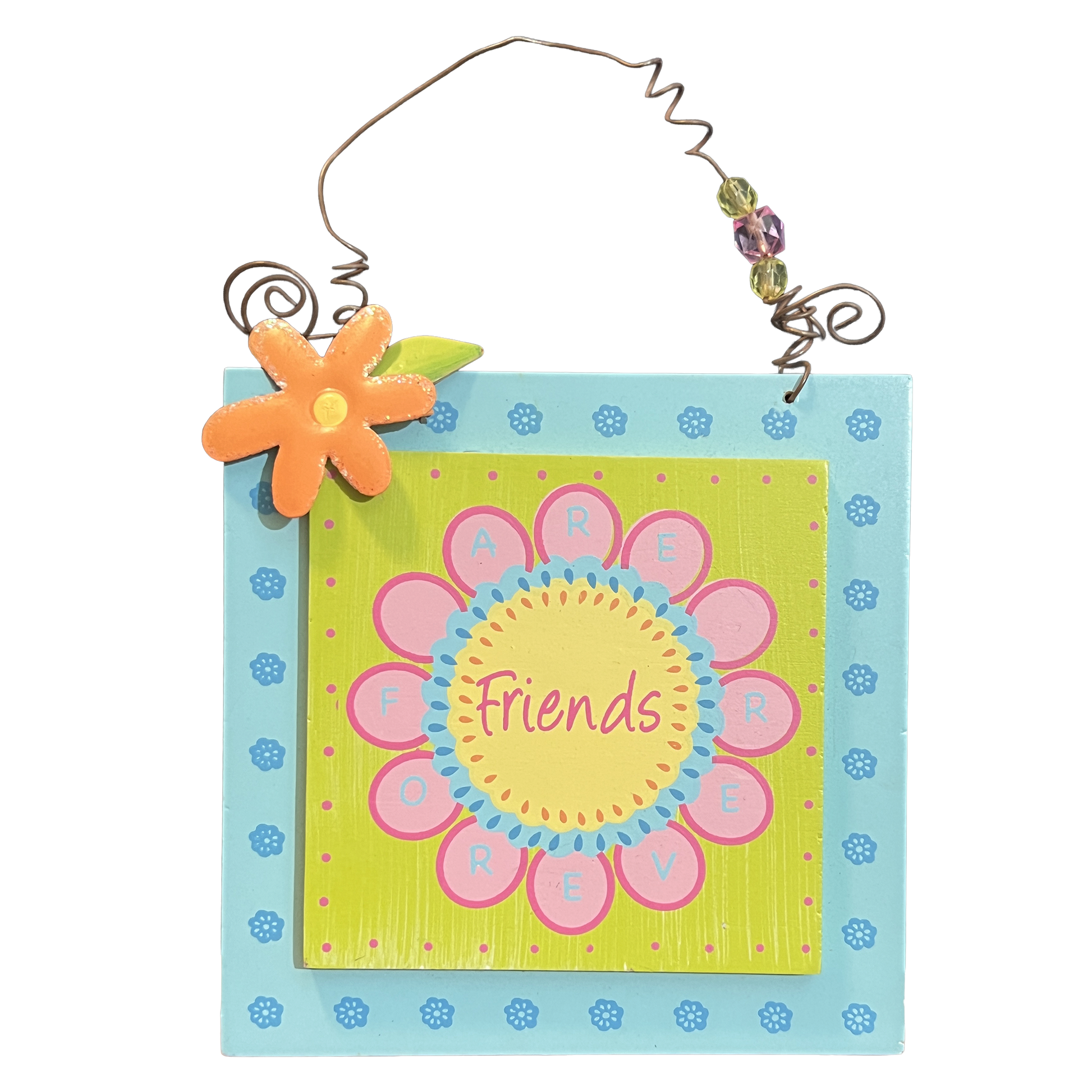 Decorative sign with a floral design and 'Friends' text on a white background