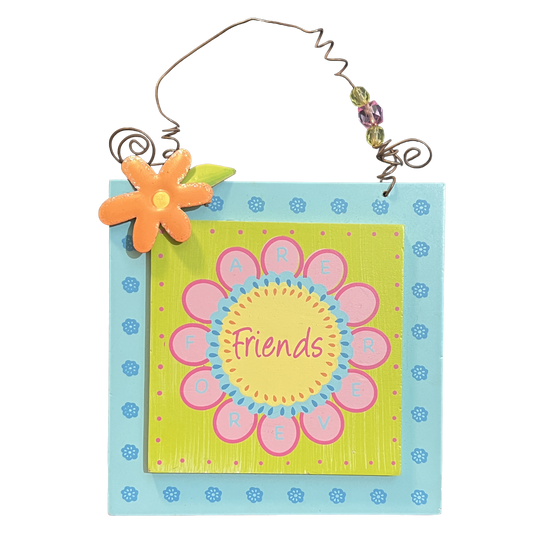Decorative sign with a floral design and 'Friends' text on a white background