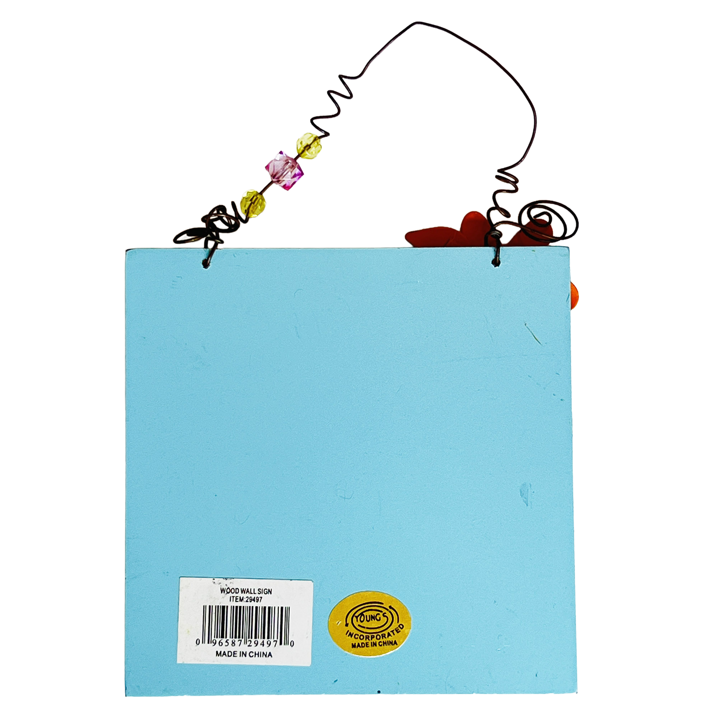 Light Blue wooden sign with decorative brand and UPC 