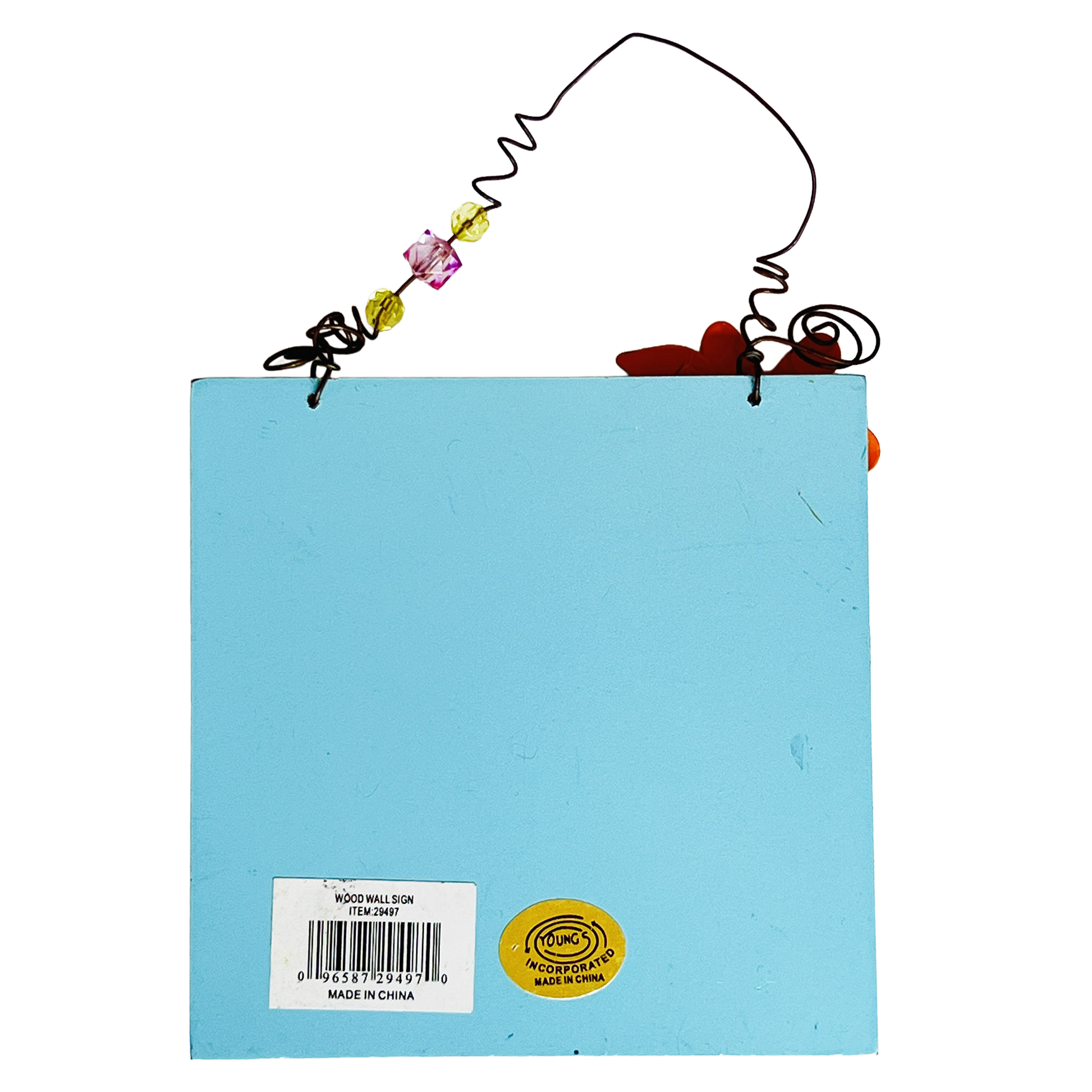 Light Blue wooden sign with decorative brand and UPC 