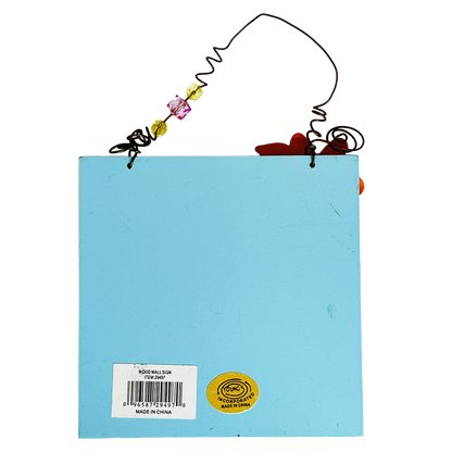 Light Blue wooden sign with decorative brand and UPC 