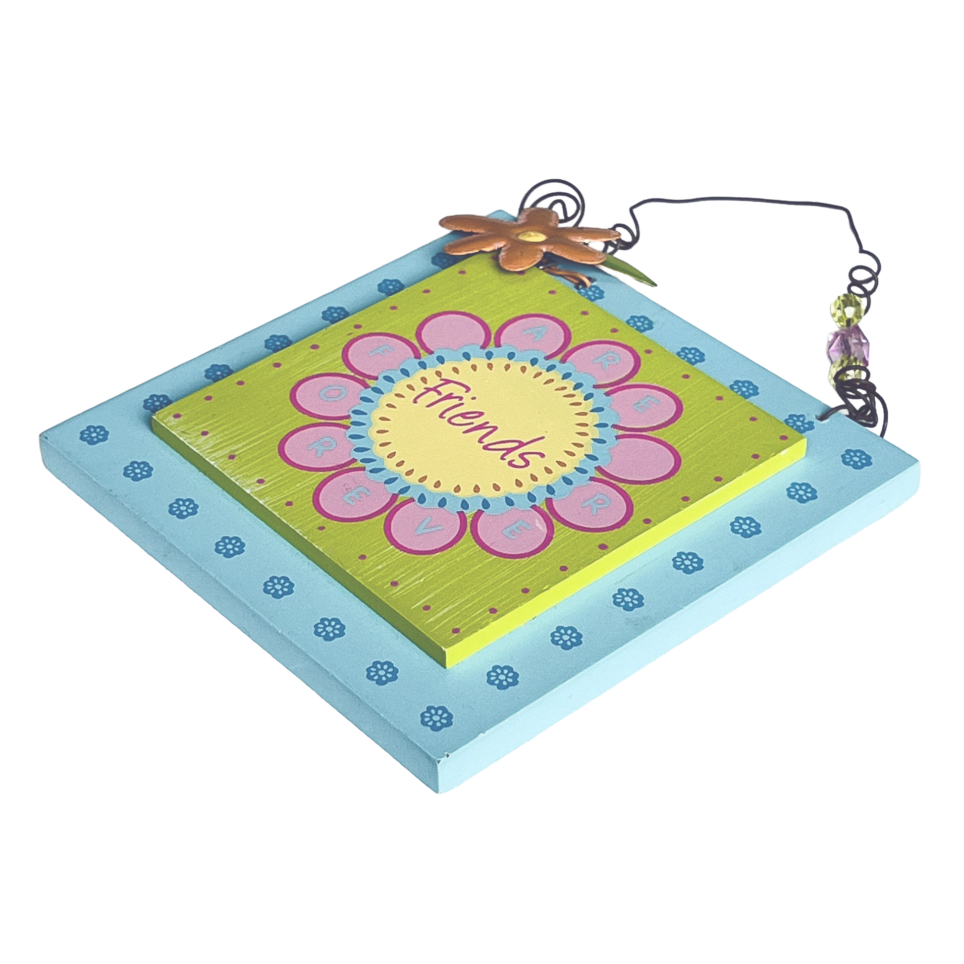 Decorative wall hanging with a floral design and 'Friends' text on a white background