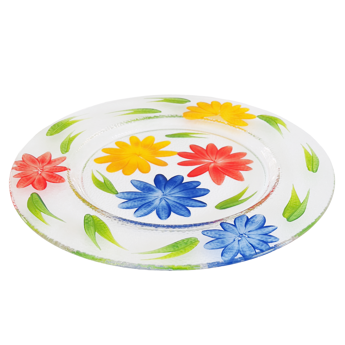 Colorful floral-patterned plate on a white background