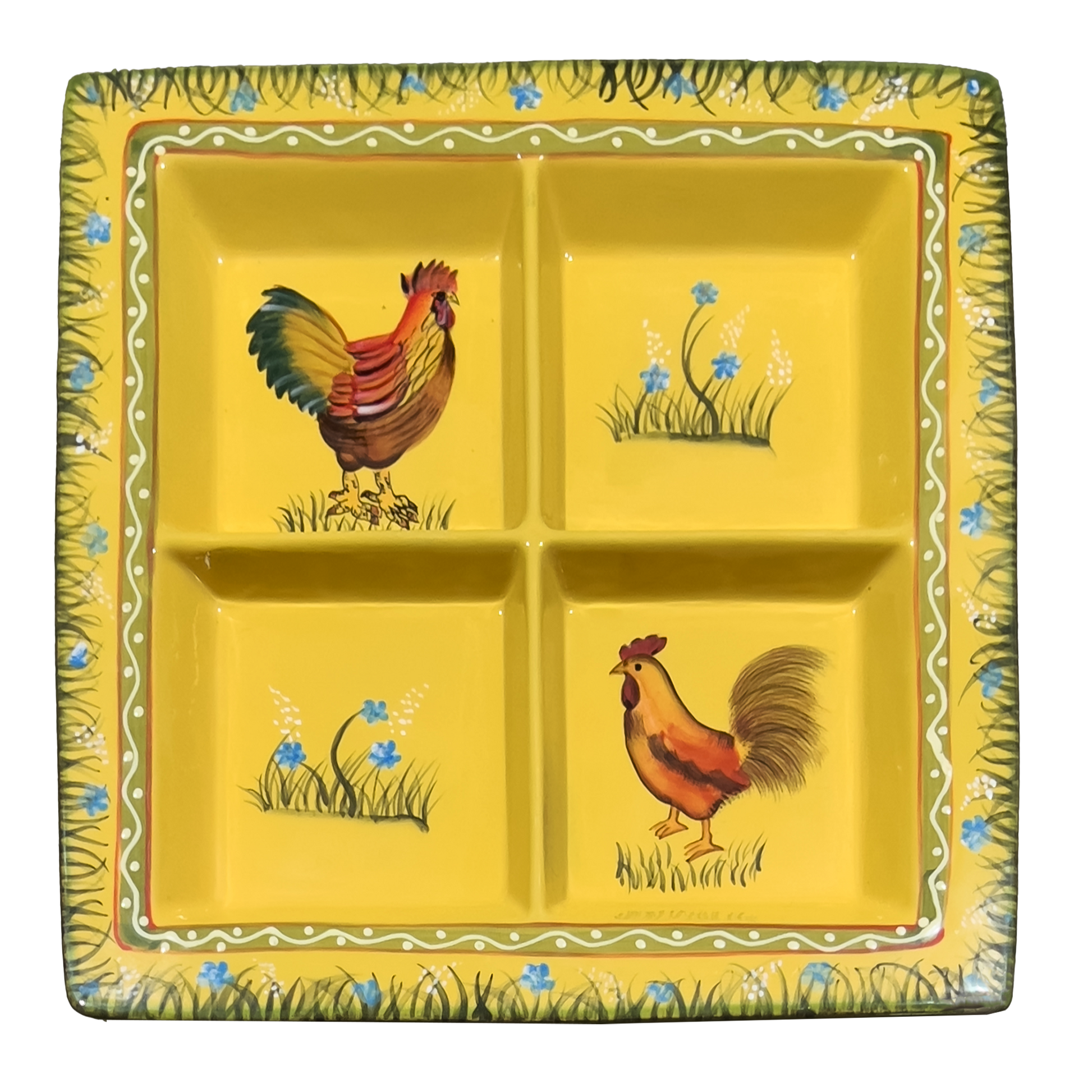 Yellow ceramic plate with rooster designs on a white background