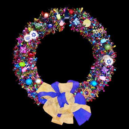 Hanukkah-Confetti-Door-Wreath.-Shown-on-a-black-background.