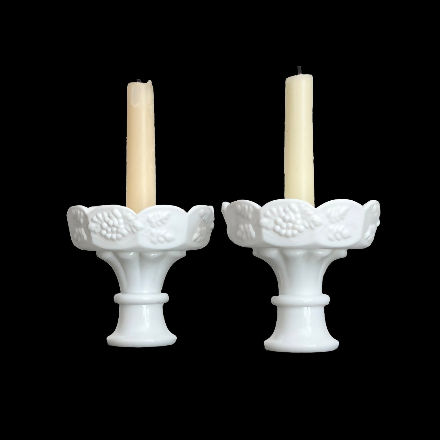 Westmoreland Vintage White Milk Glass Candlestick Holders, Grape/Leaf Pattern