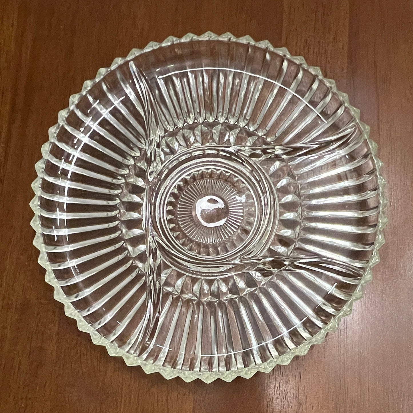 Indiana-Glass-Lotus-Blossum-Clear-Round-Sectioned-Serving-Plate.-Top-View.