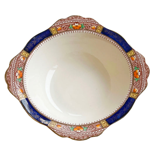 J&G-Meakin-Queen-Mary-SOL-Ivory-Floral-Vegetable-Serving-Bowl.-9.25"-Cobalt-blue-and-brown-trim.