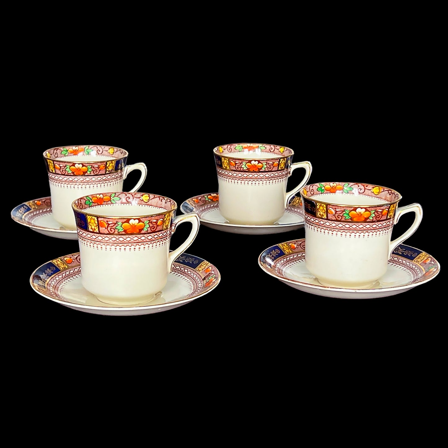 J_G-Meakin-Sol-Queen-Mary-Set-of-4-Tea-cups-and-Saucers.-