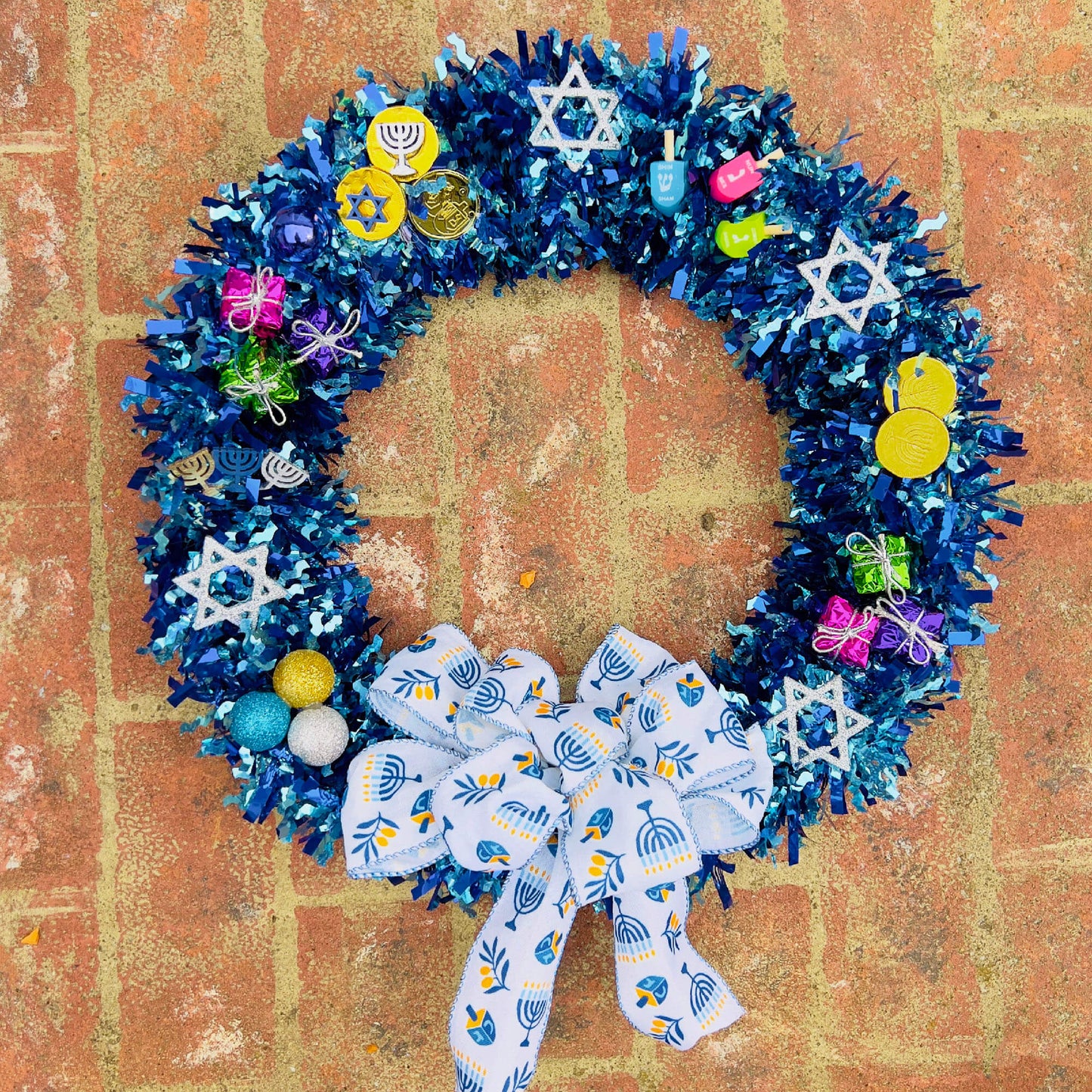 Hanukkah Wreath, Dreidels, Jewish Stars, Menorahs, Gelt 18"