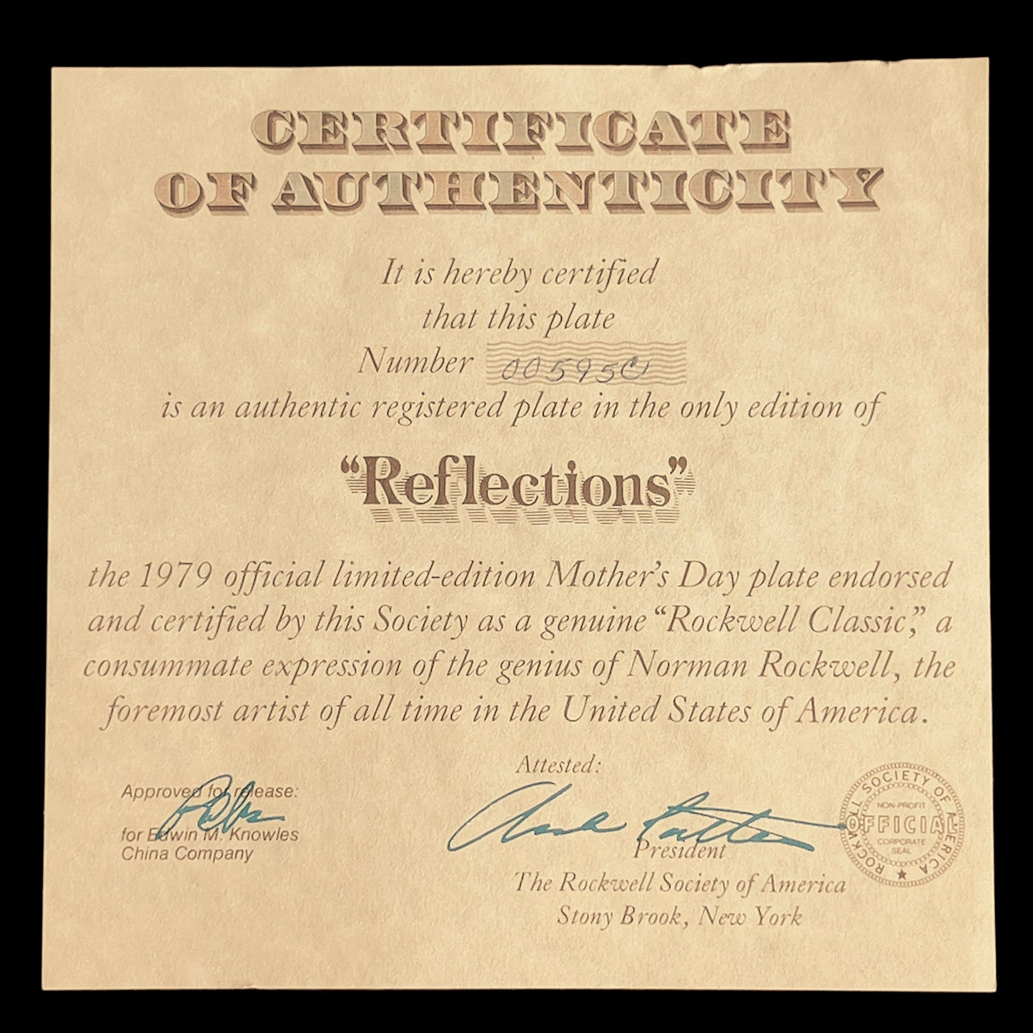 Certificate of Authenticity for a Norman Rockwell plate titled 'Reflections'