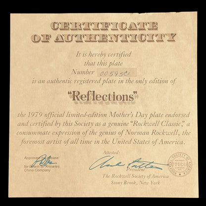 Certificate of Authenticity for a Norman Rockwell plate titled 'Reflections'