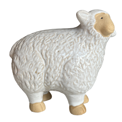 White glazed ceramic sheep figurine with bisque-unglazed-face-and-feet  