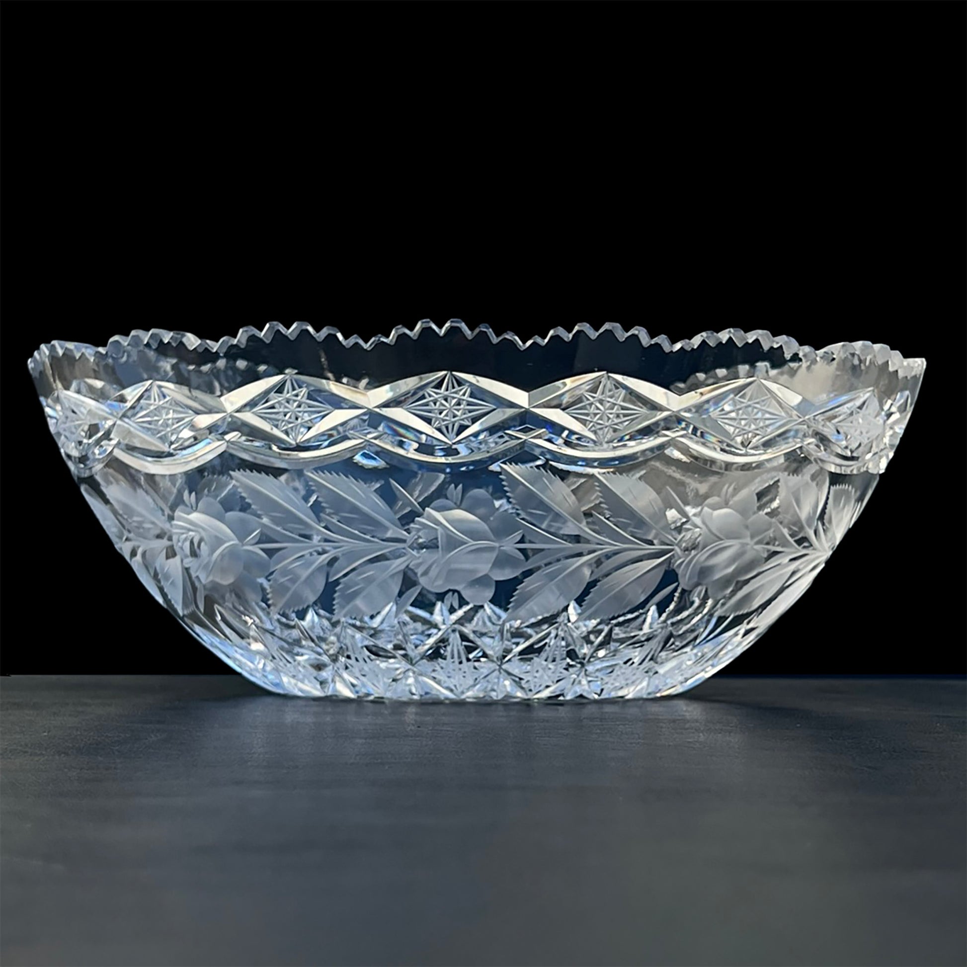 Libbey-Cut-Crystal-Centerpiece-Serving-Bowl,-flower, roses, star designs