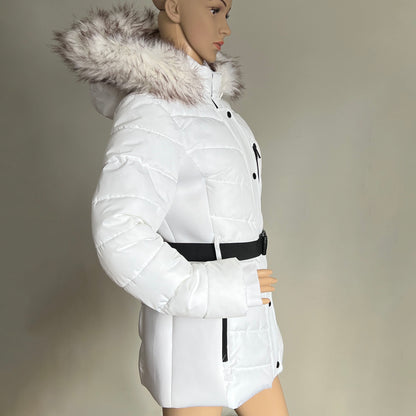 London-Fog-White-Belted-Faux-Fur-Puffer-Jacket.-Side-view.