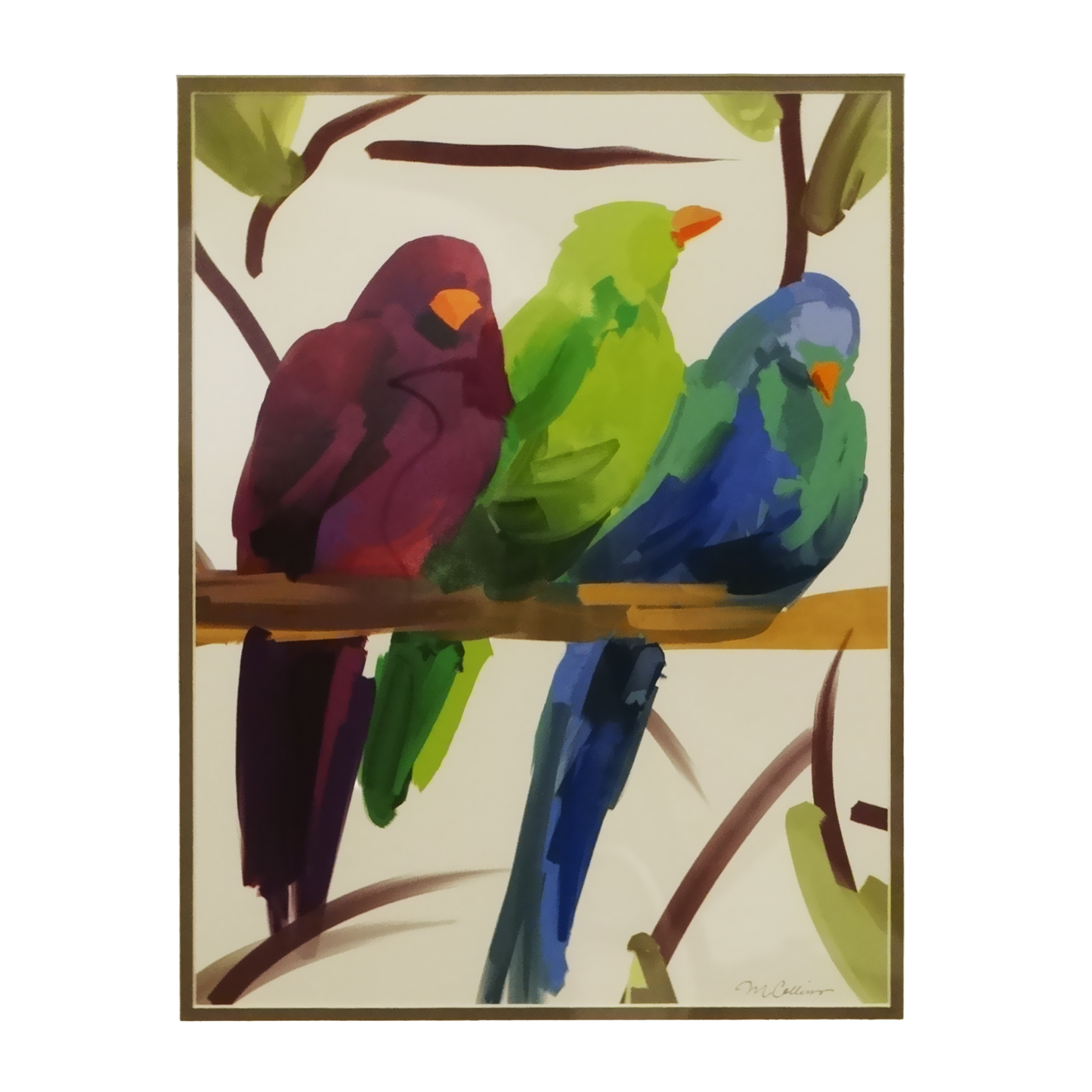 Colorful painting of three parrots on a branch without the frame