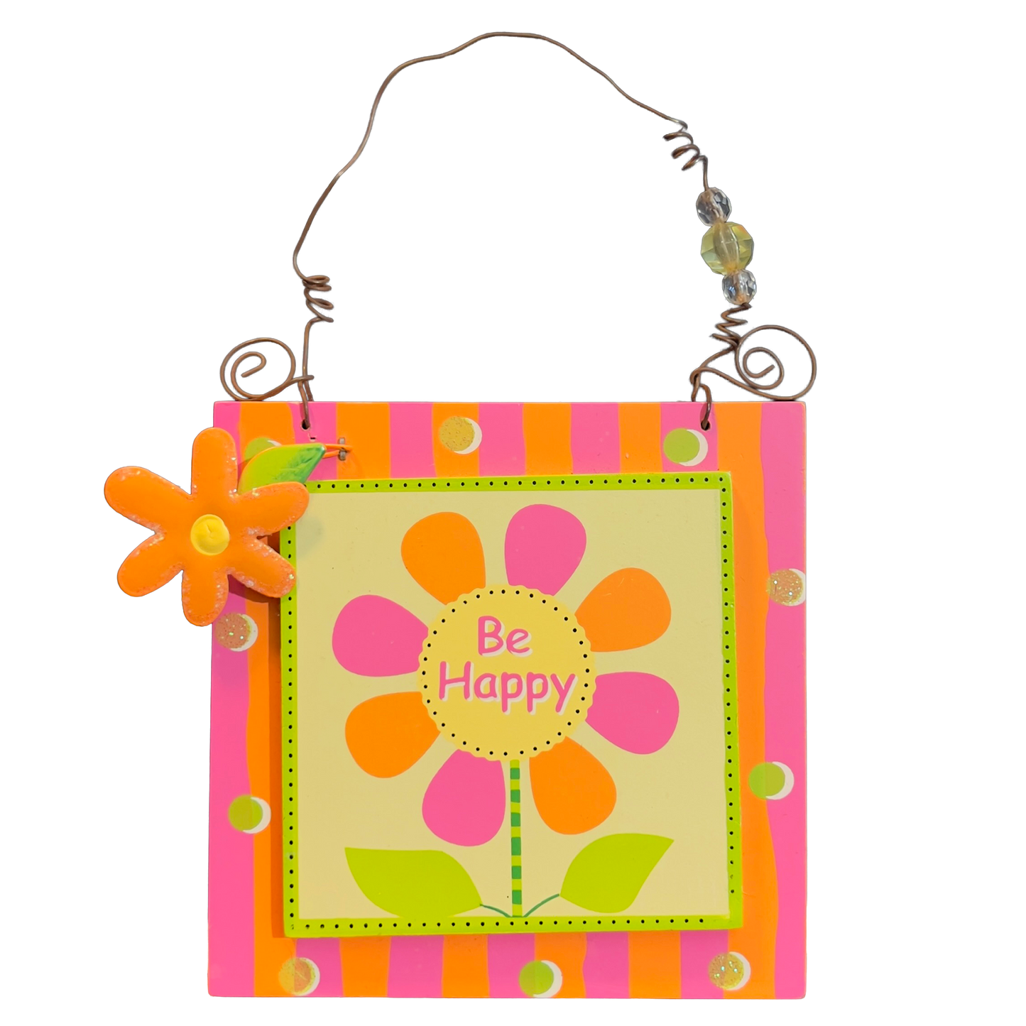 Decorative wall hanging with a colorful flower design and 'Be Happy' text on a pink and orange background