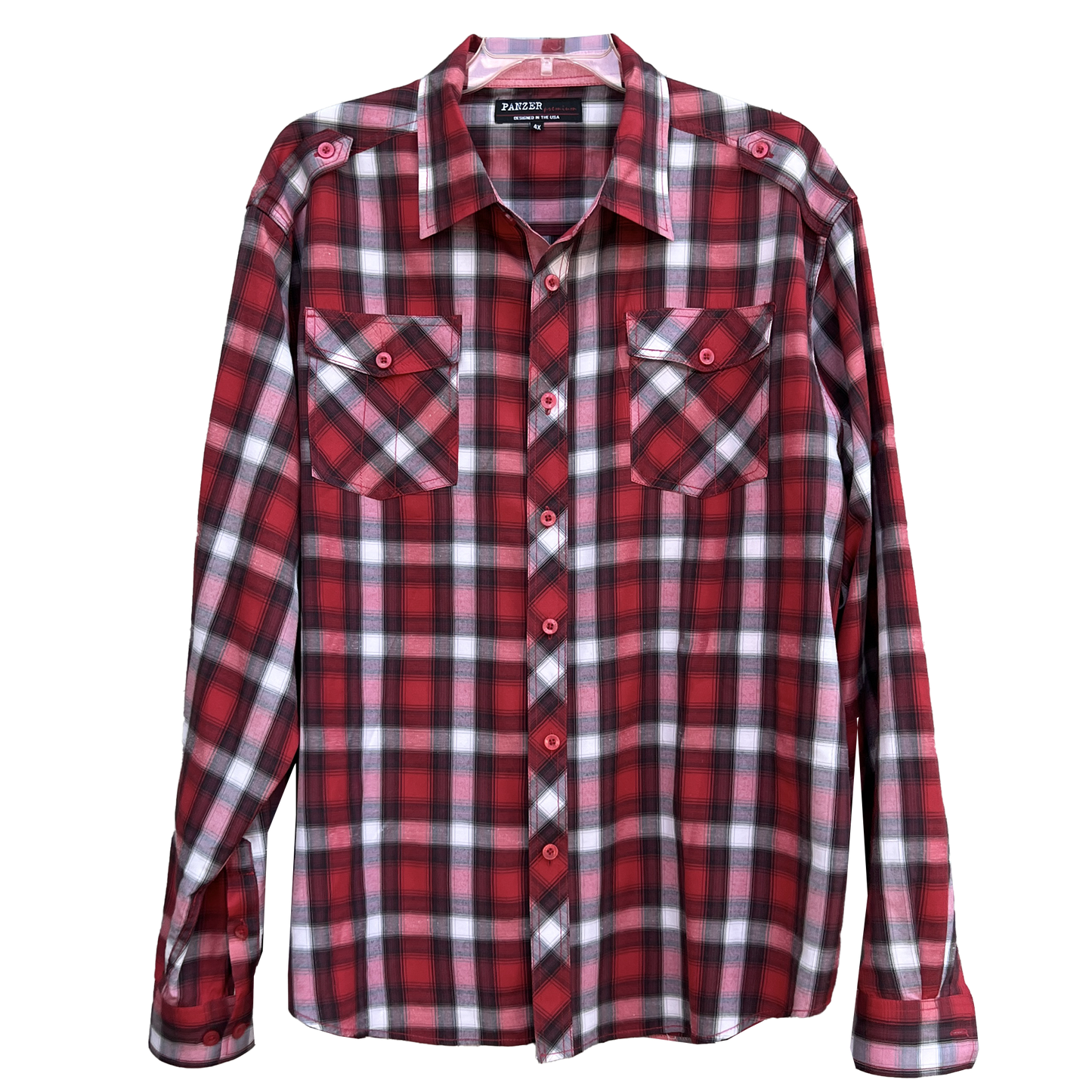 NWOT-Men_s-Pinzer-Premier-Red-Plaid-Military-Shirt_-Epaulettes, Size 4X