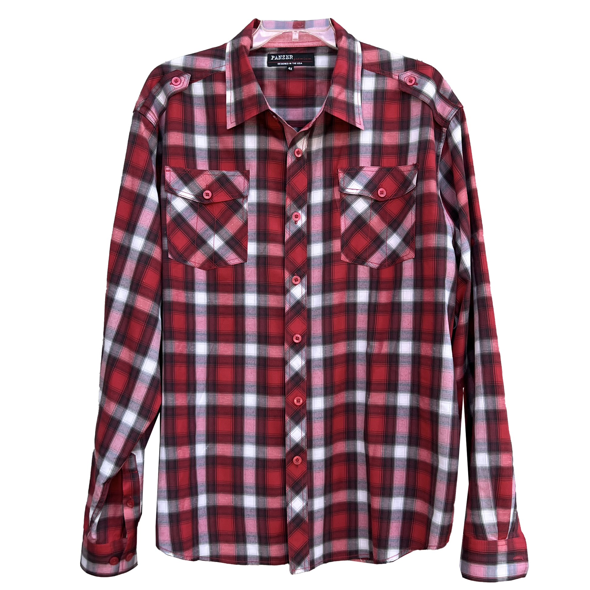NWOT-Men_s-Pinzer-Premier-Red-Plaid-Military-Shirt_-Epaulettes, Size 4X