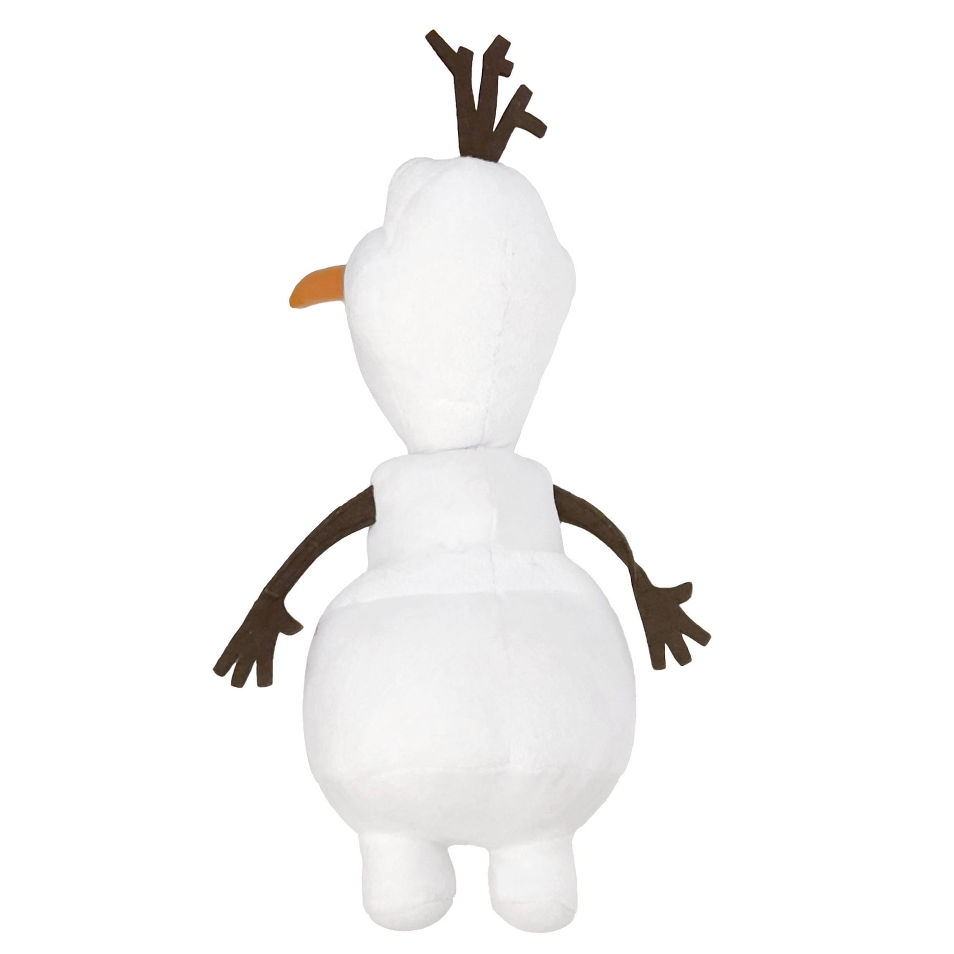 White snowman plush toy with brown arms and mouth on a white background