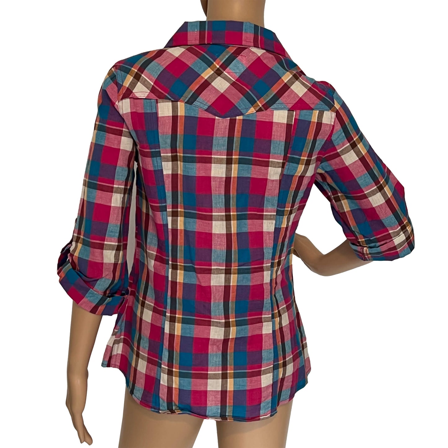 Passport-Multicolor-Plaid-Button-Front-Shirt.-Back-view.-Shop-eBargainsAndDeals.com.