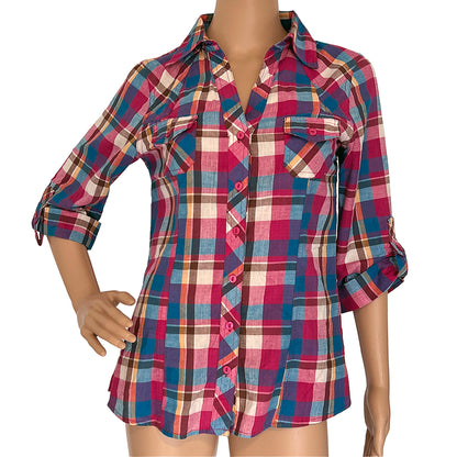 NEW Passport-Multicolor-Plaid-Button-Front-Shirt.-Front-view.-Shop-eBargainsAndDeals.com.