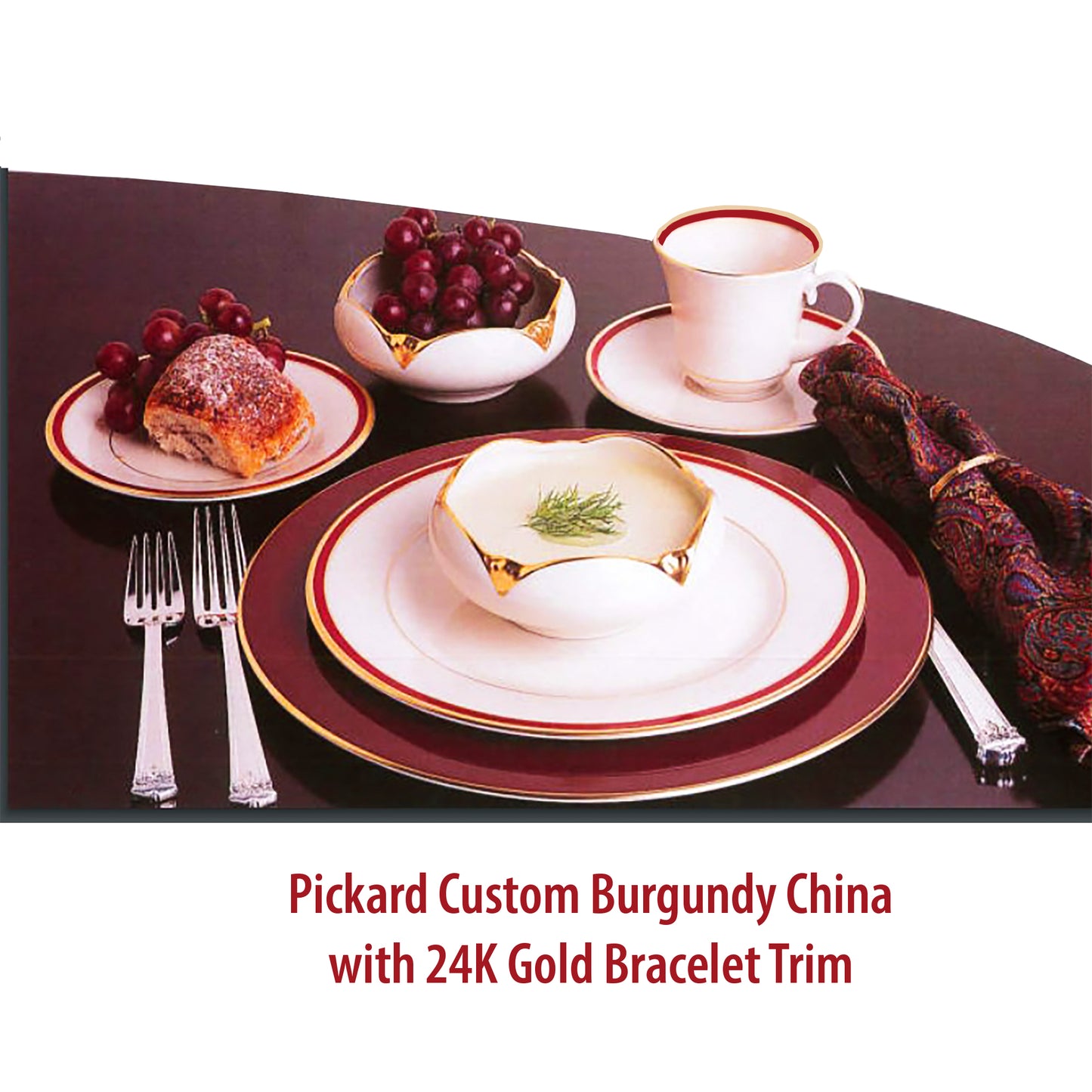 Pickard Custom 24k Gold and Burgundy Soup Coupe Bowls, set of 9