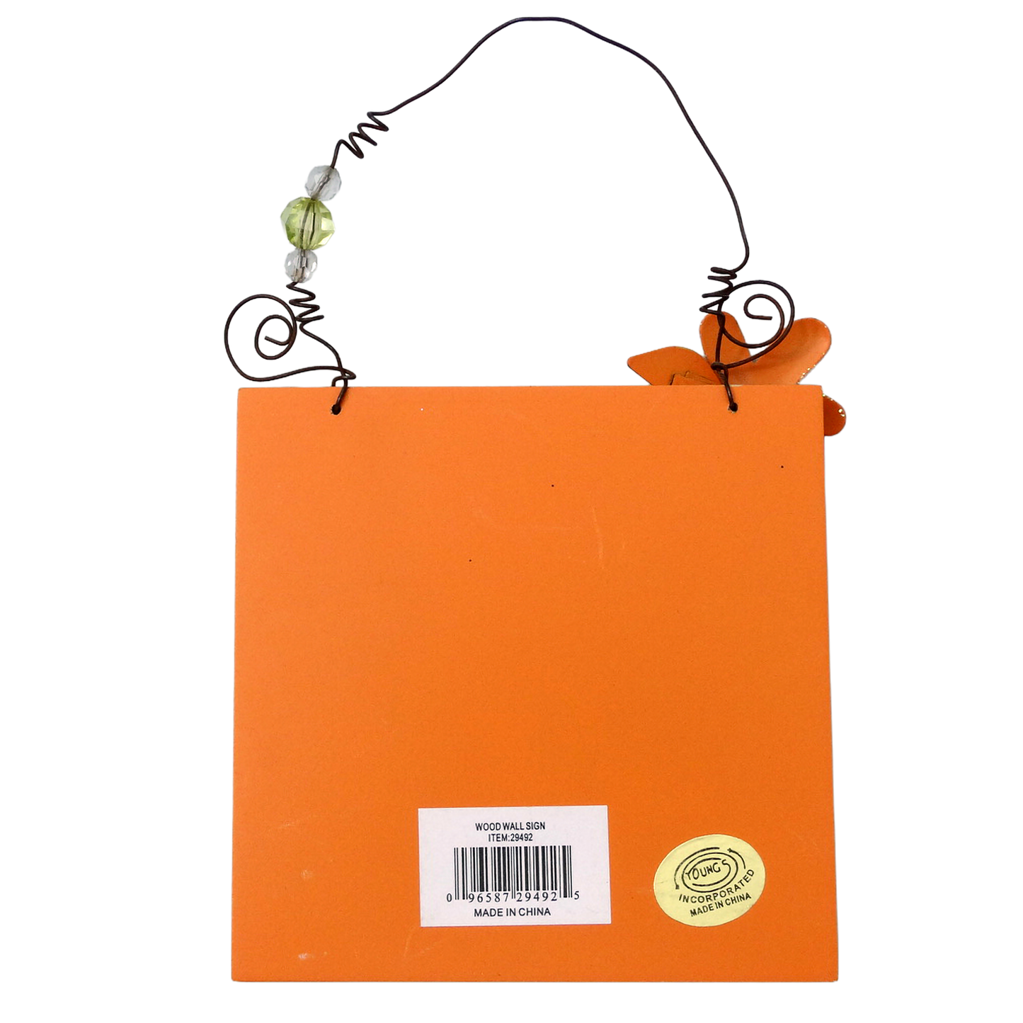 Pink-and-Orange-BE-HAPPY-Wooden-Plaque Back view, showing UPC and Brand