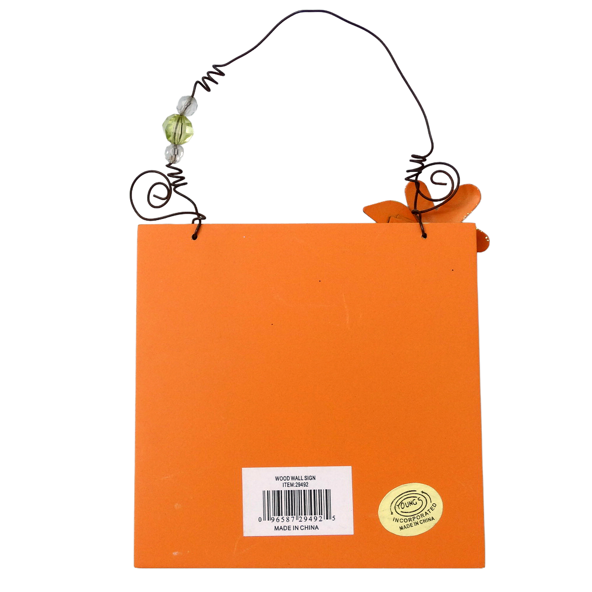 Pink-and-Orange-BE-HAPPY-Wooden-Plaque Back view, showing UPC and Brand