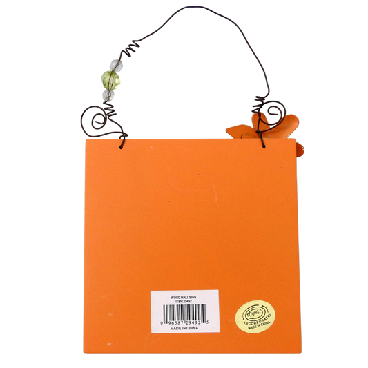 Pink-and-Orange-BE-HAPPY-Wooden-Plaque Back view, showing UPC and Brand