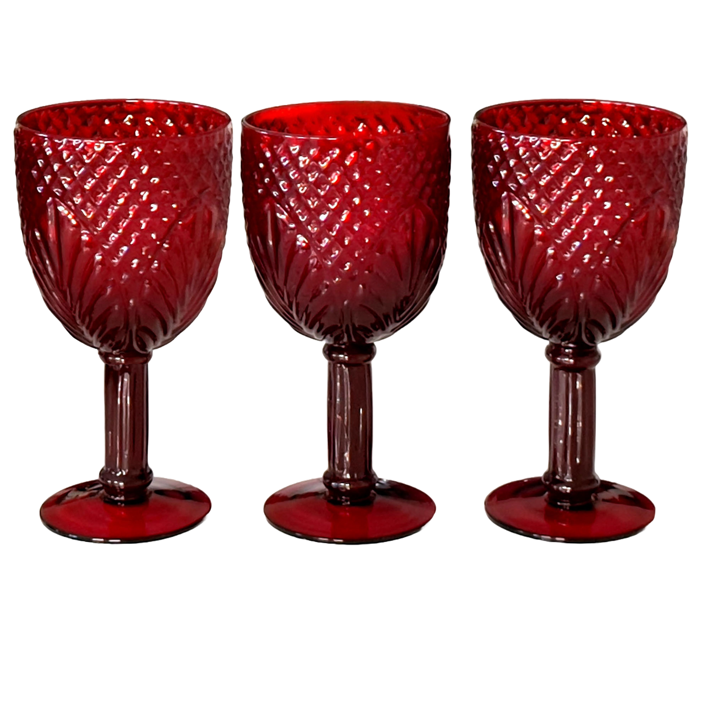 Red Glass Water Goblet Set, Diamond Fan Design 7-in.