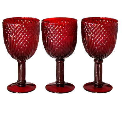 Red Glass Water Goblet Set, Diamond Fan Design 7-in.