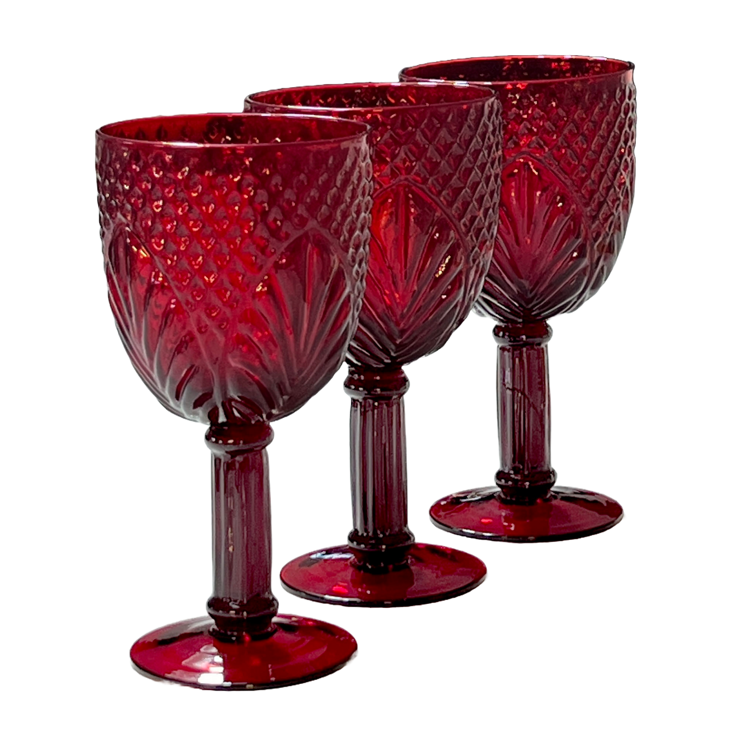 Red Glass Water Goblet Set, Diamond Fan Design 7-in.