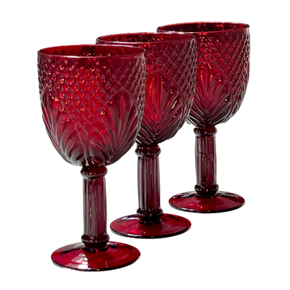 Red Glass Water Goblet Set, Diamond Fan Design 7-in.