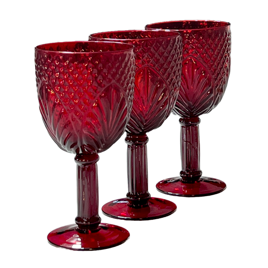 Red Glass Water Goblet Set, Diamond Fan Design 7-in.