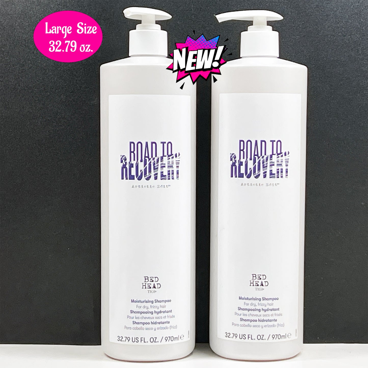 Two bottles of 'Road to Recovery' shampoo by Red Head on a black background with promotional text.