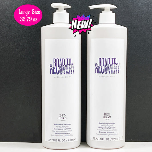 Two bottles of 'Road to Recovery' shampoo by Red Head on a black background with promotional text.