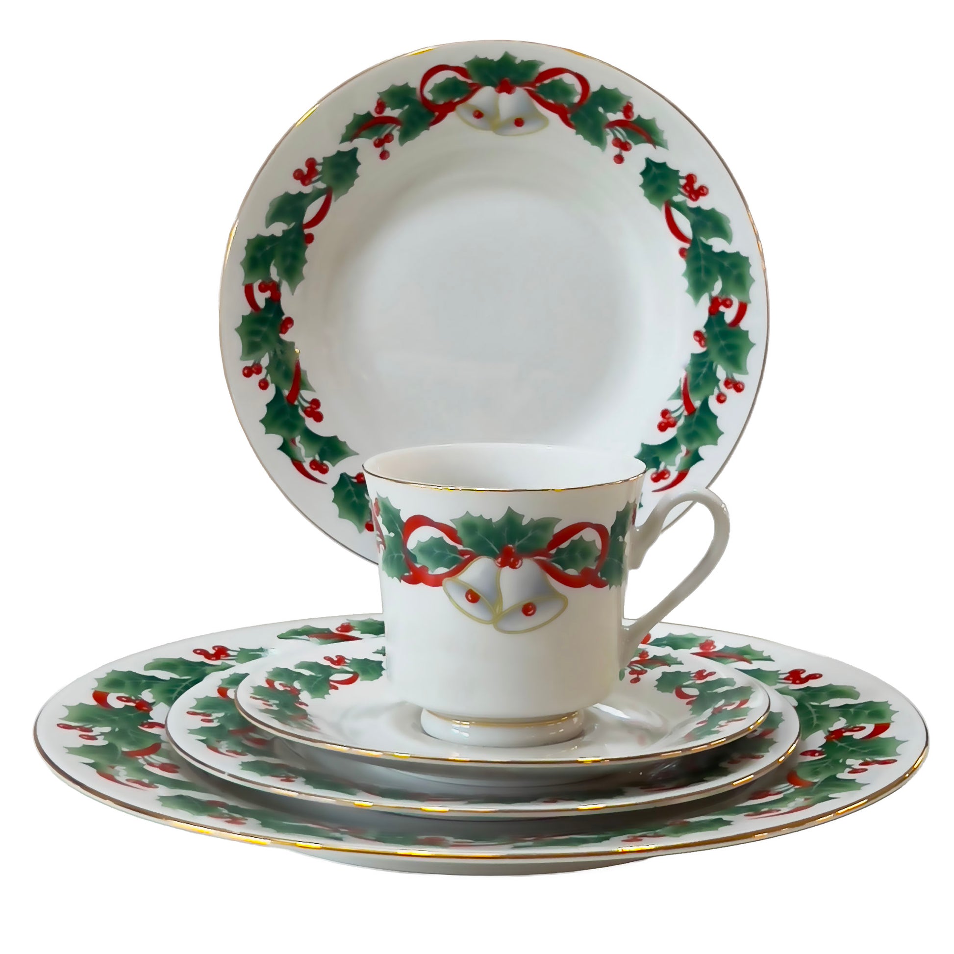 Christmas-themed teacup and saucers with holly design on a white background