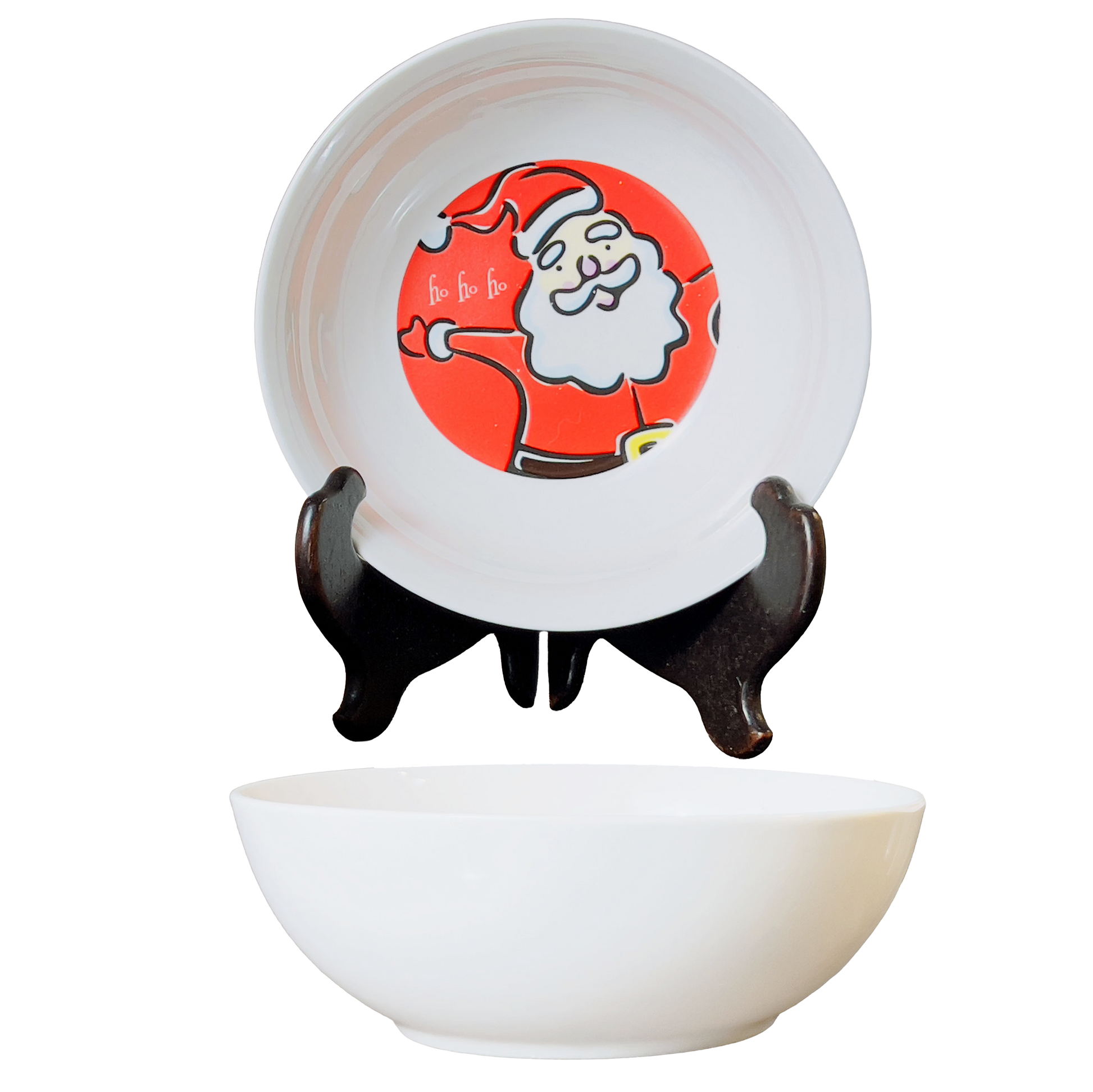 White soup/cereal bowls with Santa Claus design on a stand