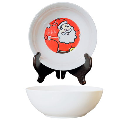 White soup/cereal bowls with Santa Claus design on a stand
