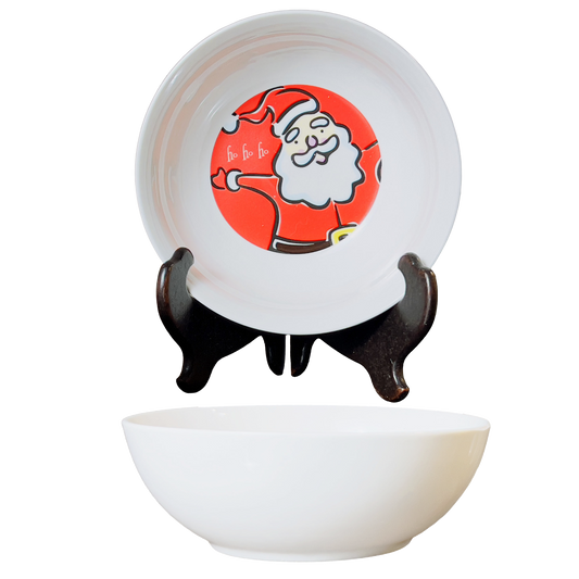 White soup/cereal bowls with Santa Claus design on a stand