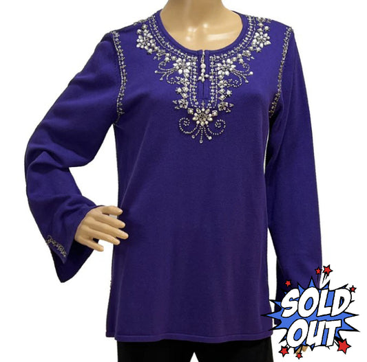 Purple Embellished Bead, Pearl, and Rhinestone Knit Top - M