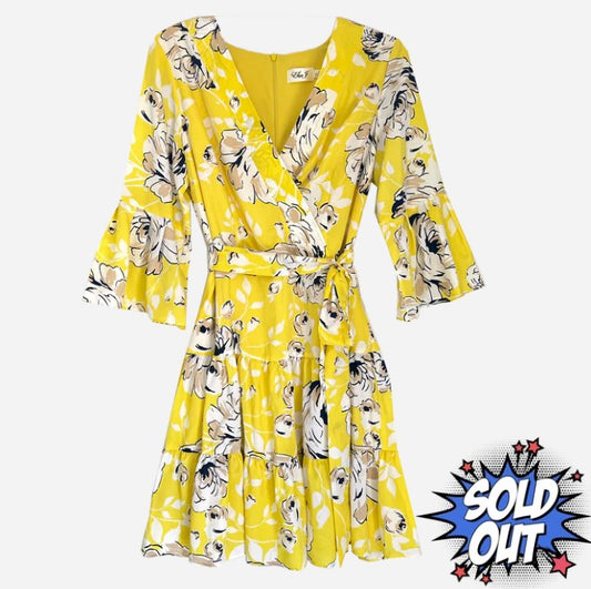 Eliza J Yellow Faux Wrap Floral Chiffon Dress, Size 14