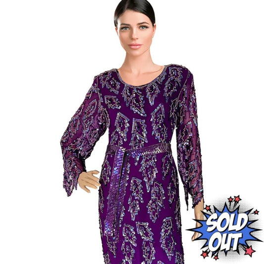 Carina Purple Beaded Silk Party Dress - Size L - Asymmetrical Hem