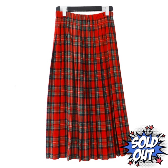 Red Tartan Plaid Pleated Maxi Skirt, Gold Metallic Thread. Size S.