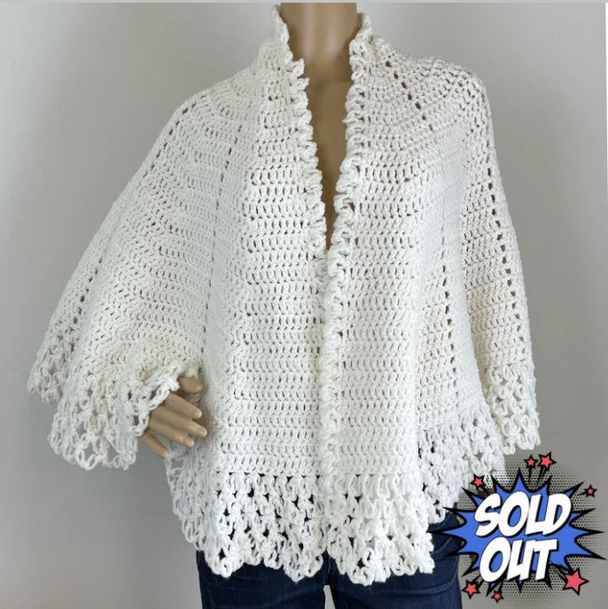 White Crochet Knit Shawl - Handmade by Margaret - Vintage, One Size