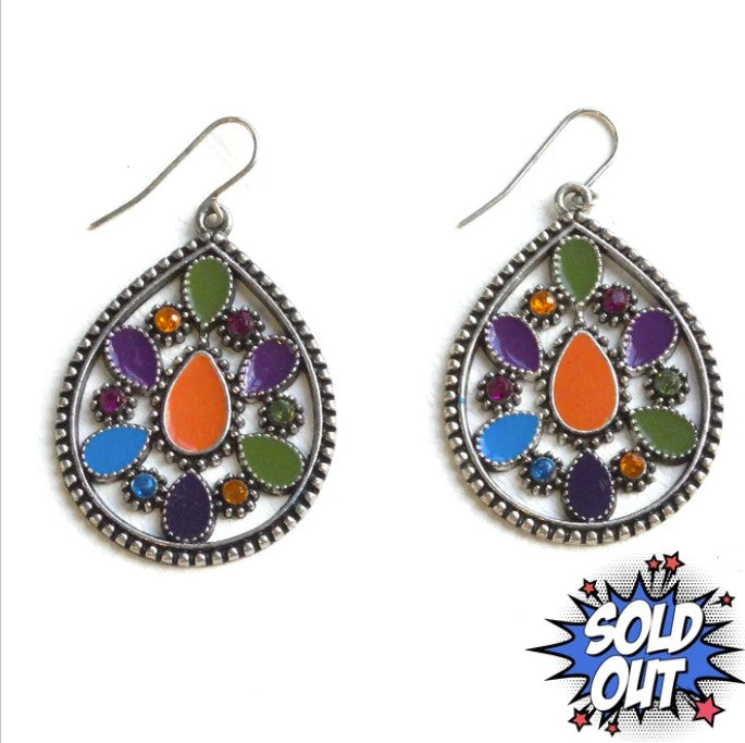 Colorful Enamel and Rhinestone Boho Teardrop Dangling Earrings
