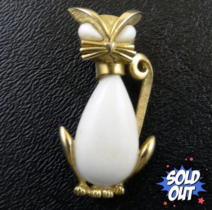 Trifari Milk Glass and Gold Cat Pin Brooch
