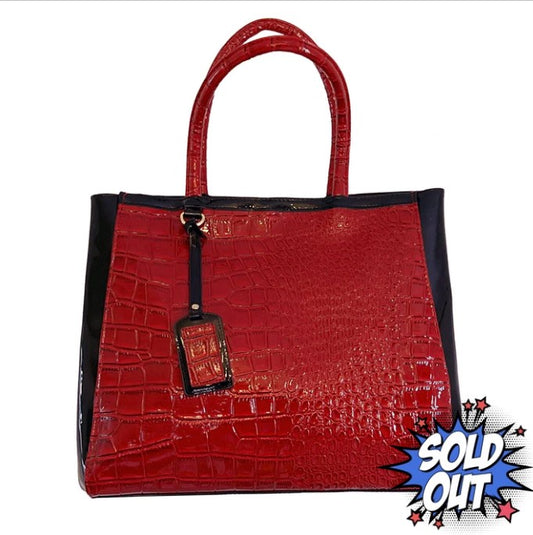 Elizabeth Arden Red and Black Patent Leather Expandable Faux Crocodile Tote Bag